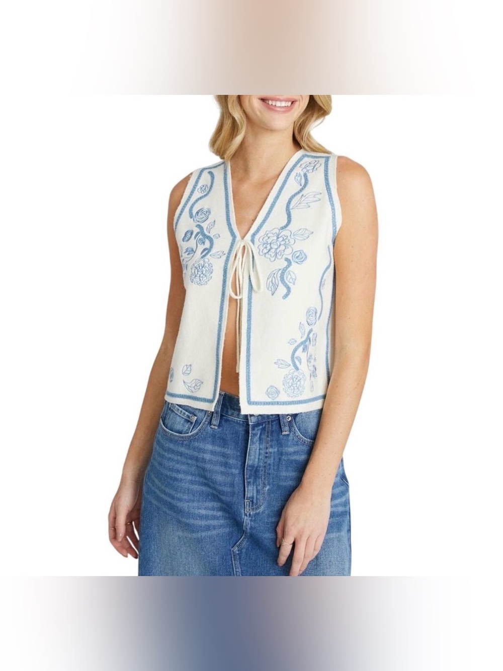 NWT Driftwood Embroidered Floral Tie-Front Sleeveless Vest - Cream & Blue